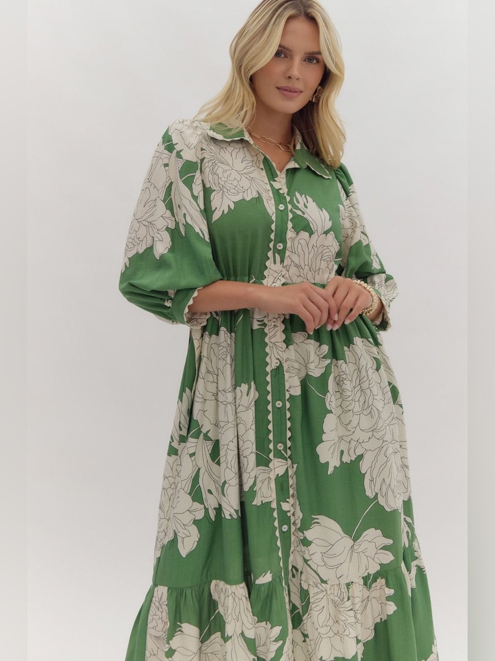 Entro Green White Floral Peony Gardenia Print Midi Dress Ric Rack Trim, S. NWOT - Picture 15 of 15